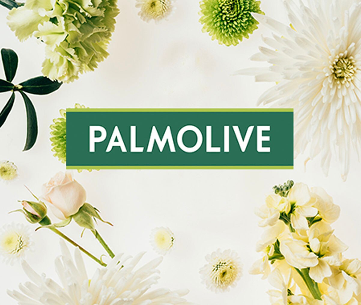 Palmolive-logo over lyse blomster