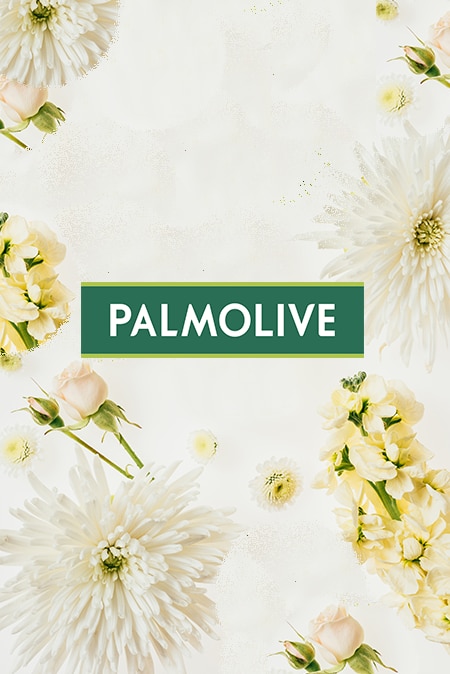 Palmolive-logo over lyse blomster